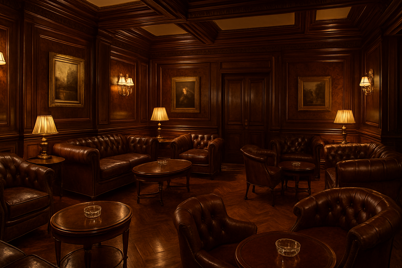A very opulent cigar lounge with leather chairs and mahogony walls